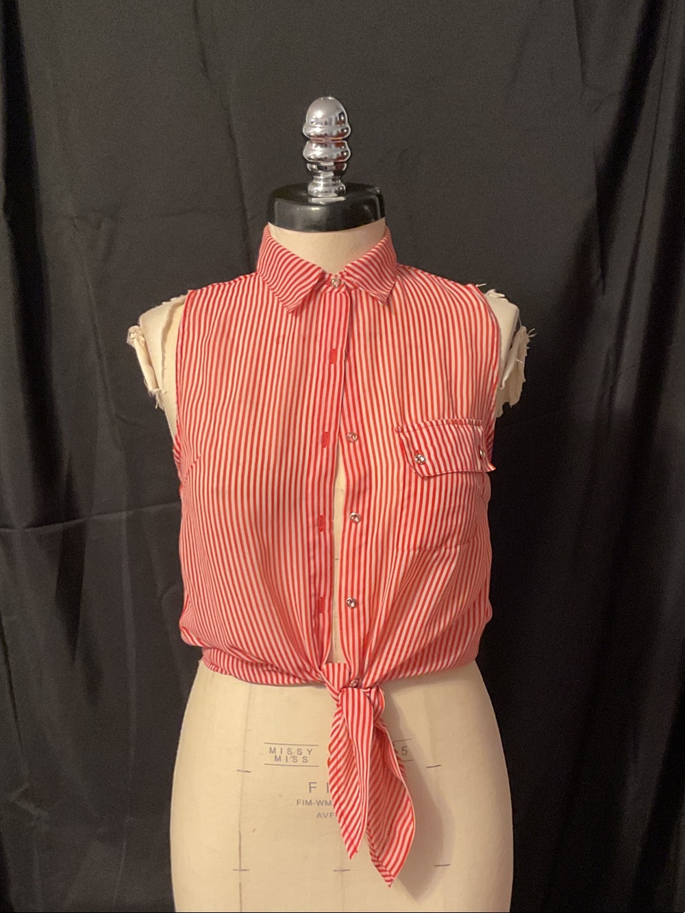 Sleeveless Red Striped Tie-Front Button Shirt